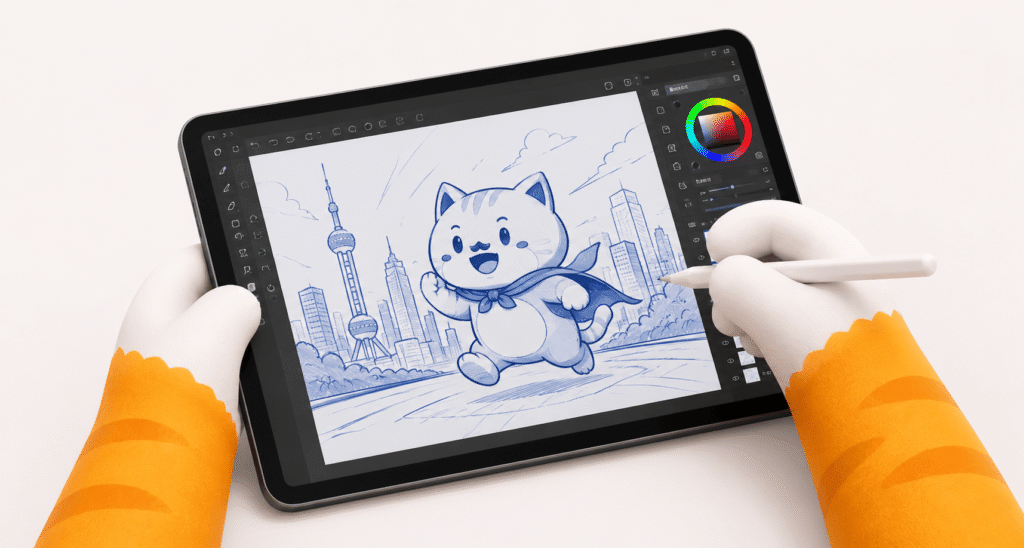 darwin is painting in a tablet with a special software