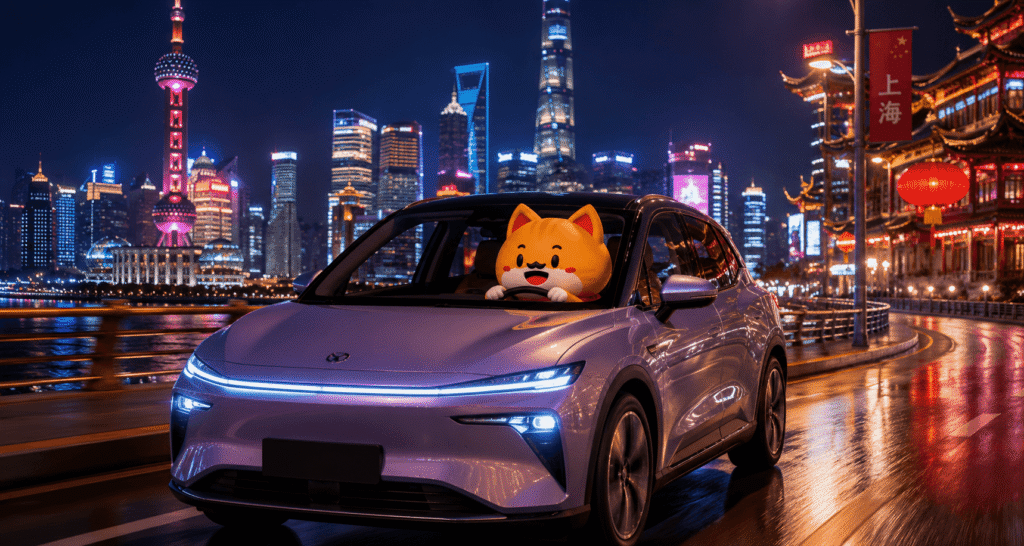 darwin is driving a electric car in china