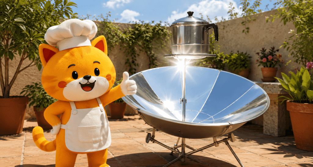 darwin is cooking with the solar energy in a solar stove
